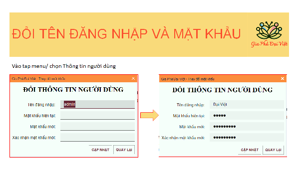 Đổi tên đăng nhập và mật khẩu của Gia Phả Đại Việt