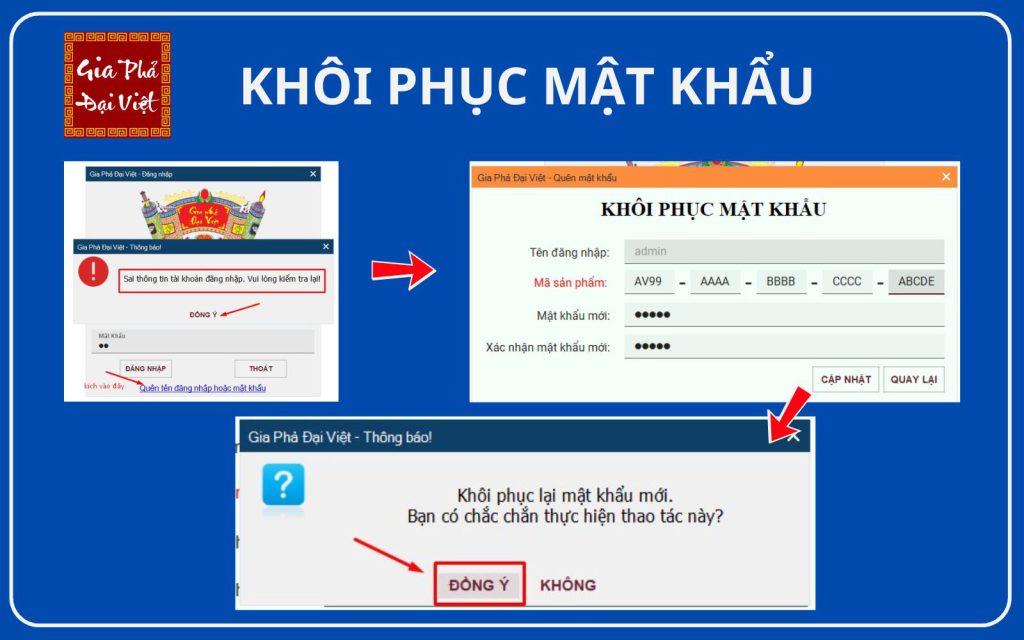 Phần mềm gia phả Đại Việt - Chức năng lấy lại mật khẩu
