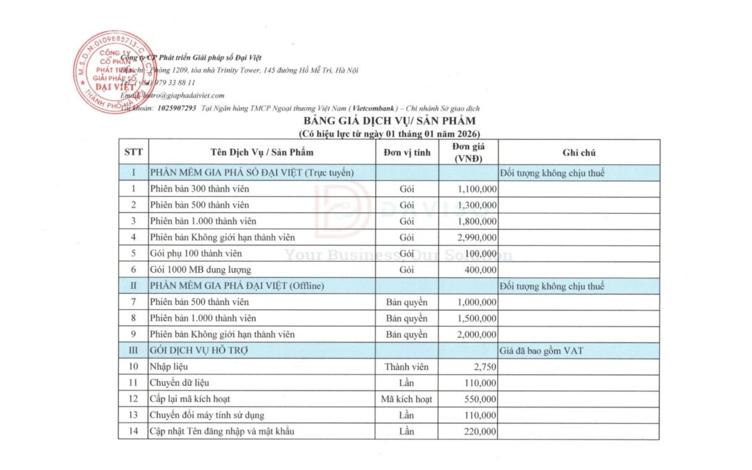 Bảng Giá Dịch Vụ - sản phẩm 2026
